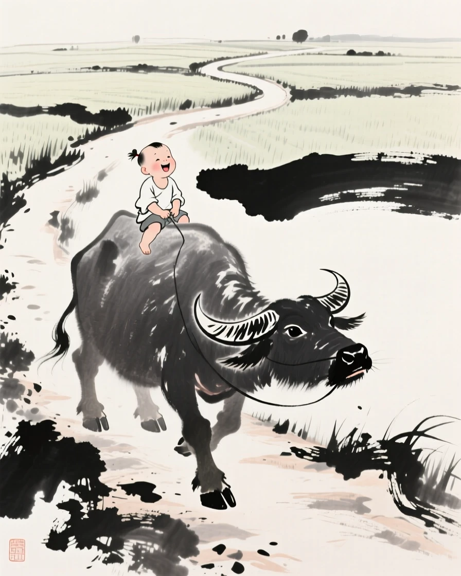 A young child rides on the back of a water buffalo along a country path, as laughter echoes across the open field.