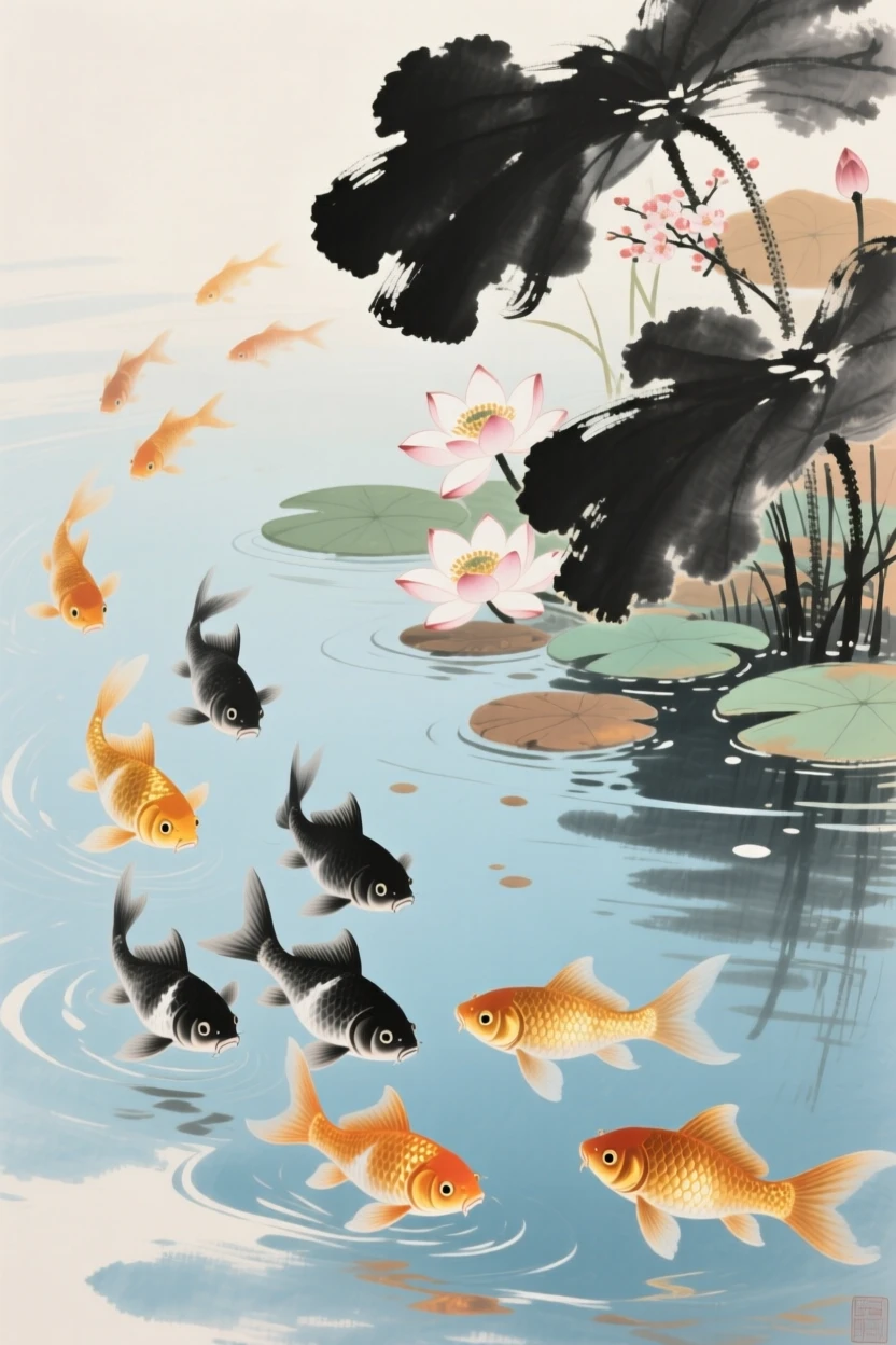 A school of goldfish gliding beneath floating water lilies, in a warm breeze carrying the scent of blossoms.