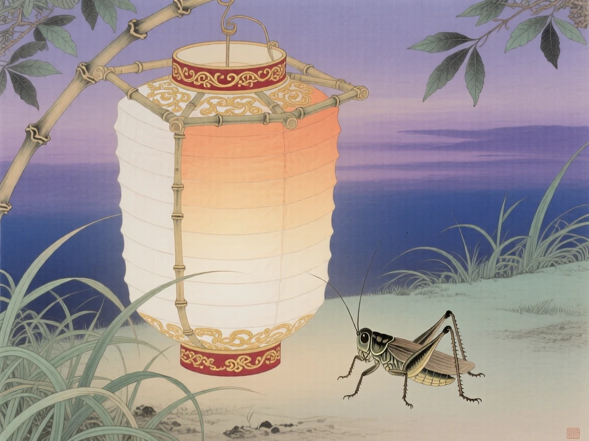 A small cricket near a paper lantern at twilight