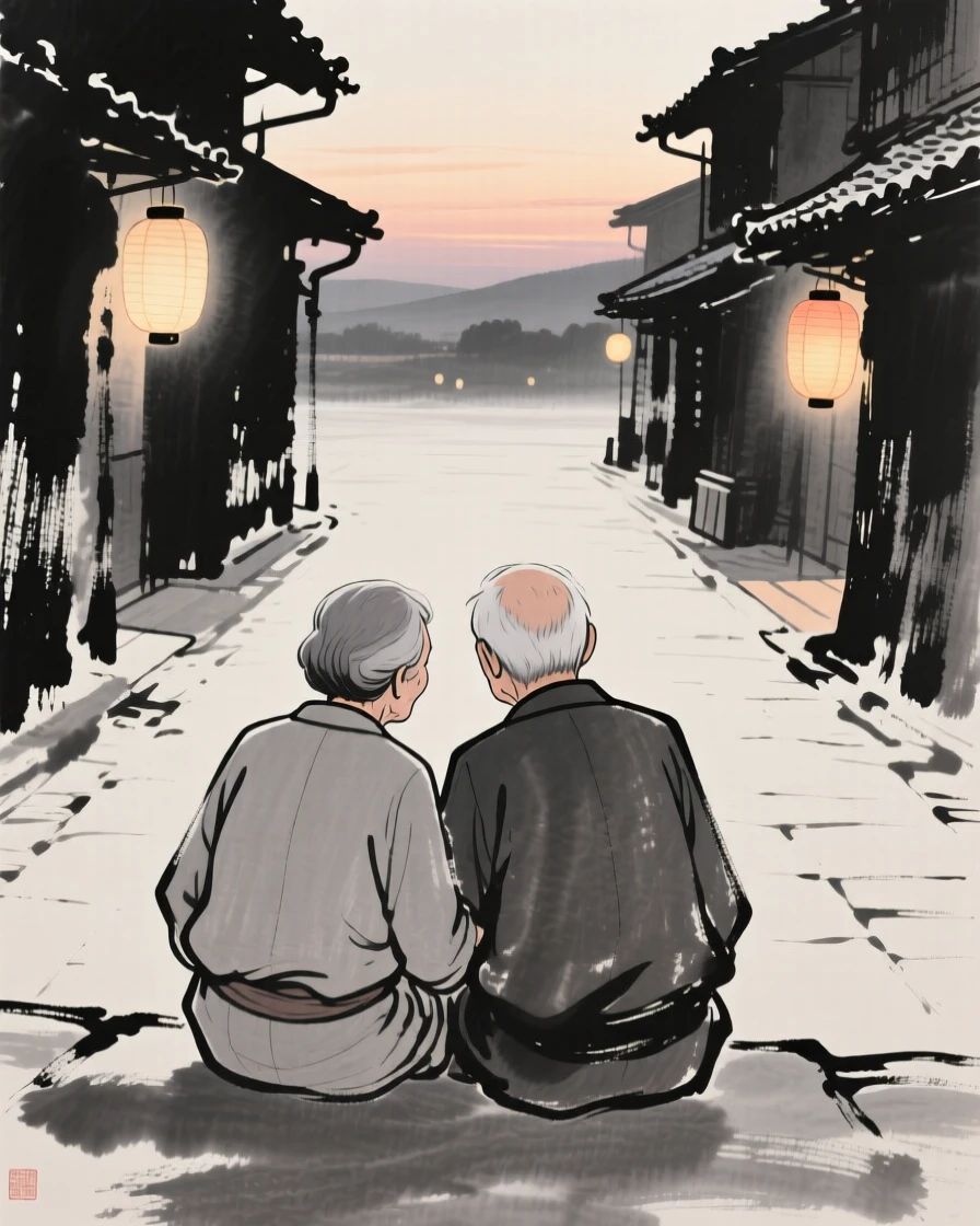An elderly couple playing together in a quiet courtyard along a lantern-lit street at dusk, seen from behind, gazing out toward the horizon, conveying quiet devotion and simple contentment.
