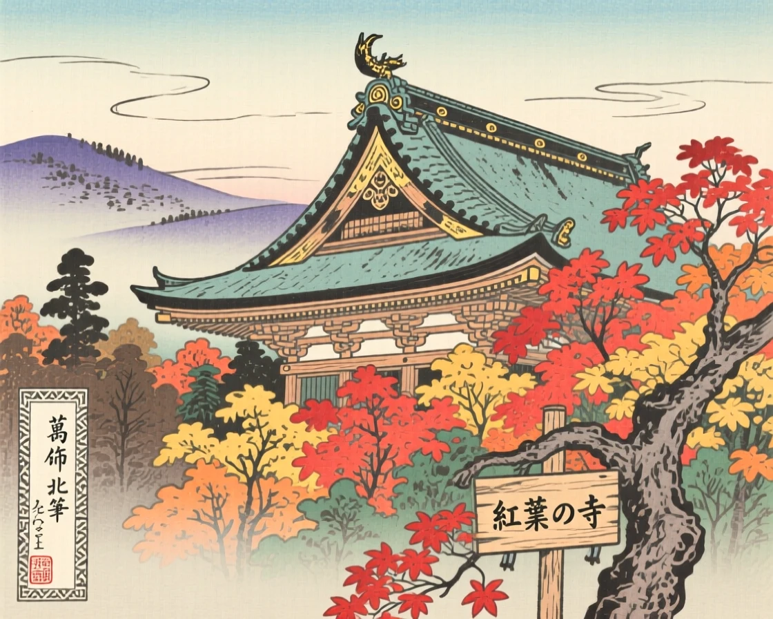 An ornate temple rooftop rising above a forest of autumn maples.