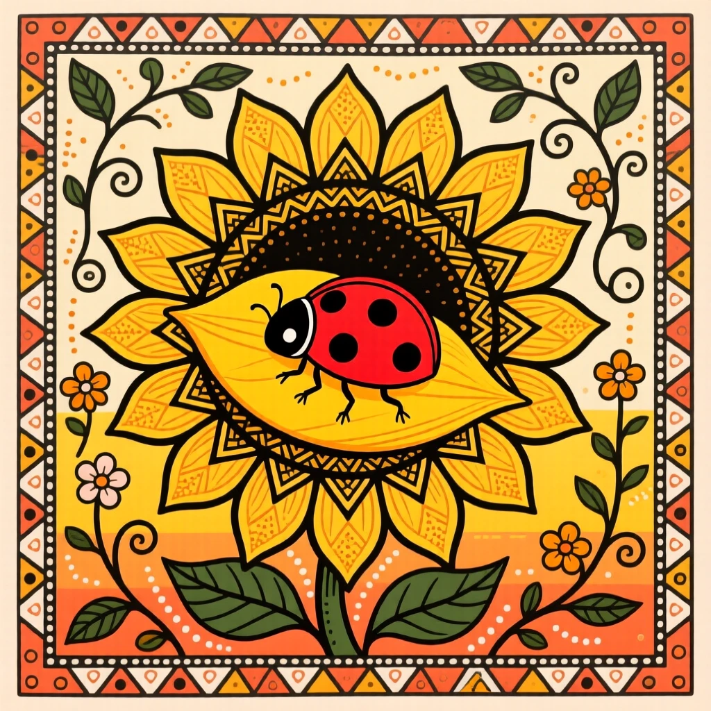 A ladybird resting on a sunflower petal in early morning light.