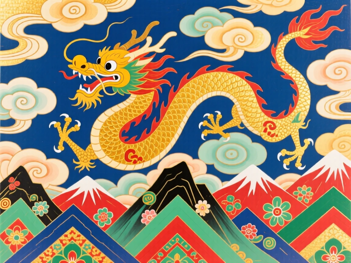 A golden dragon curling through banks of cloud above a mountain range.