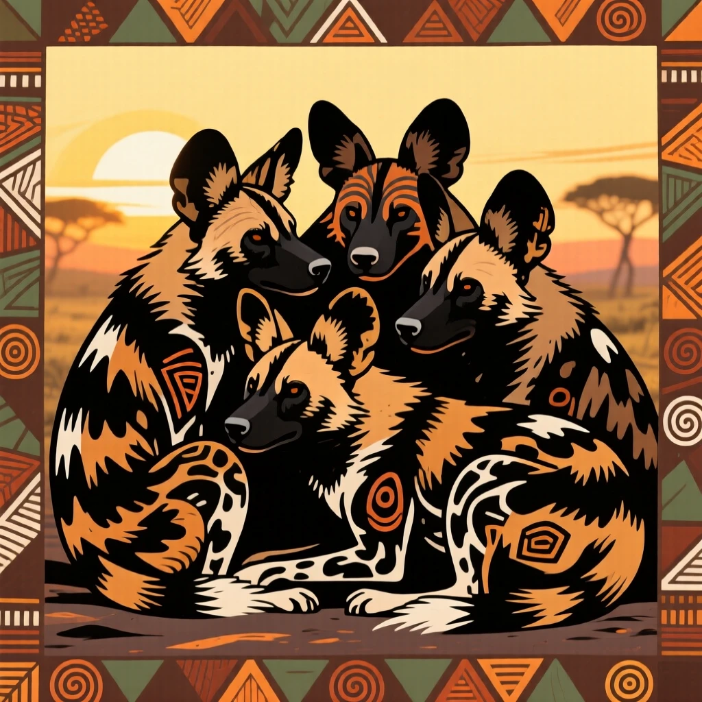 An African wild dog huddled together at dawn.