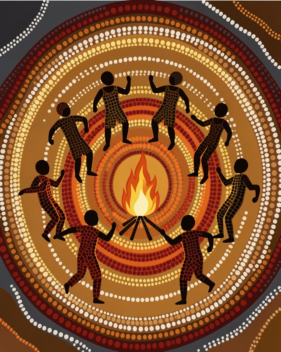Villagers dancing around a bonfire at night