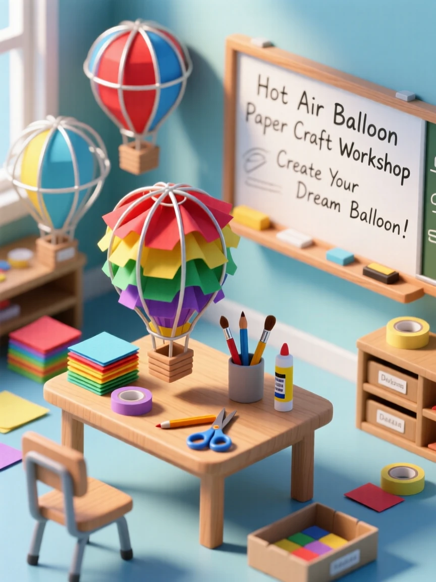 A hot air balloon paper craft workshop, colorful tissue paper being layered onto balloon-shaped frames for a classroom display.