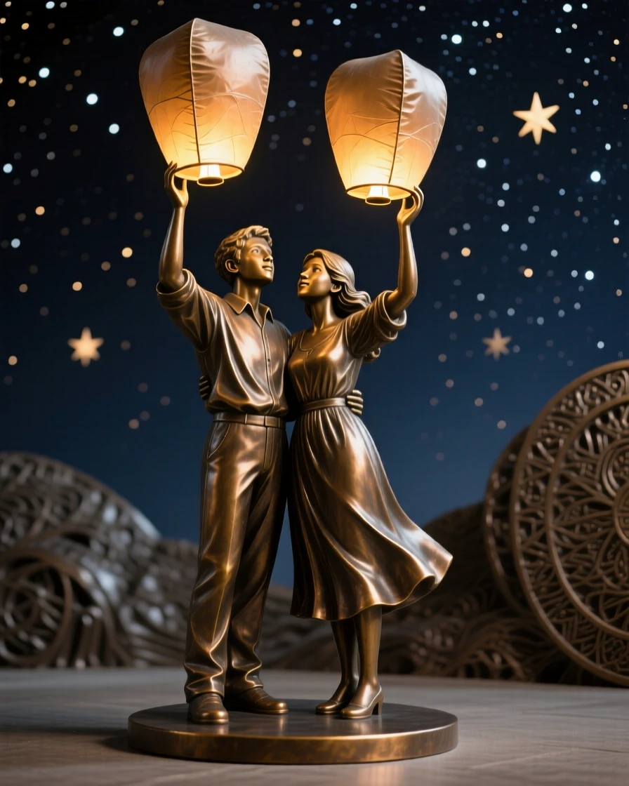 A young couple releasing sky lanterns on a starry night, framed by soft, dramatic shadows, forming a strong central focal point