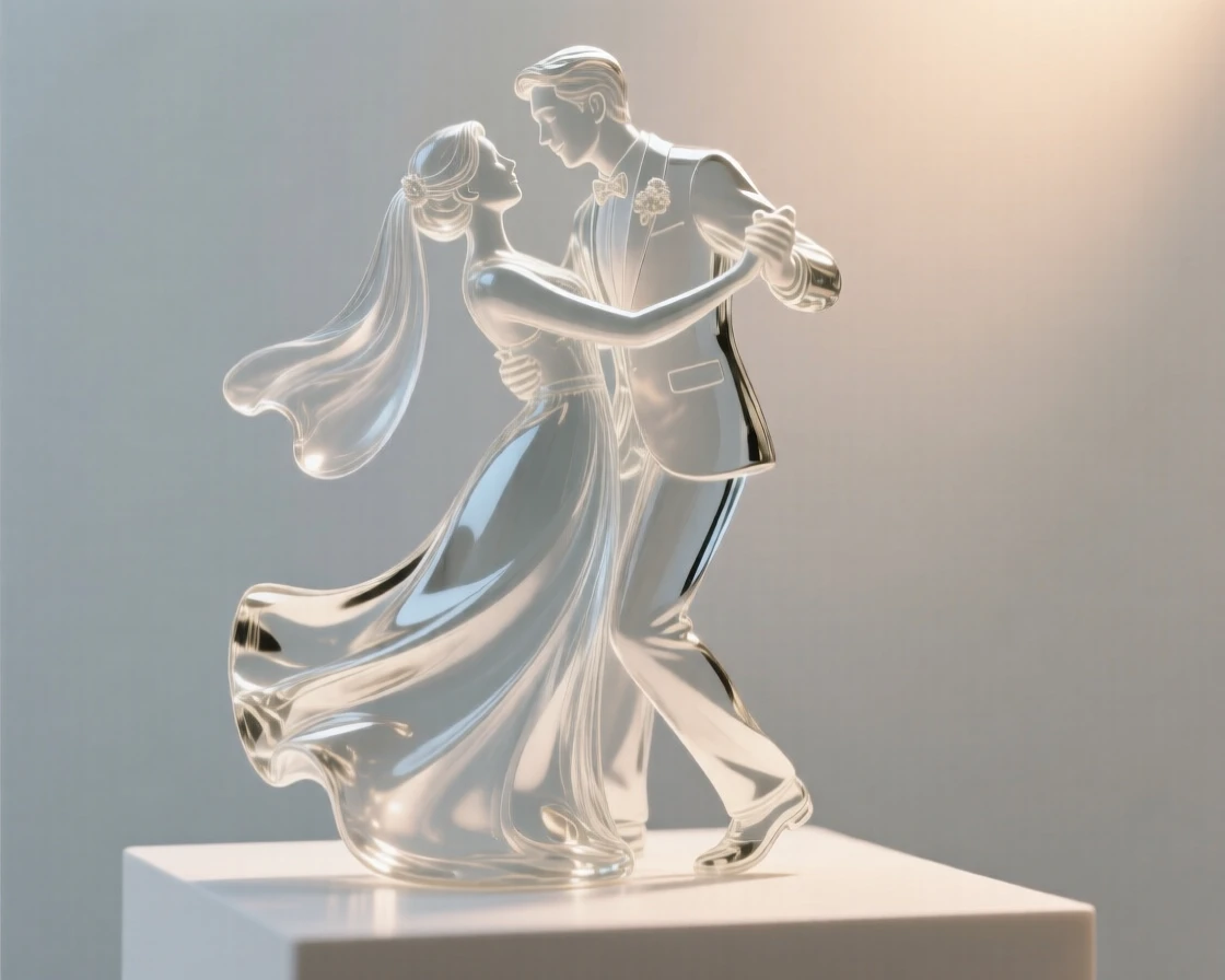 A newlywed couple sharing their first dance while quiet joy fills the space between them