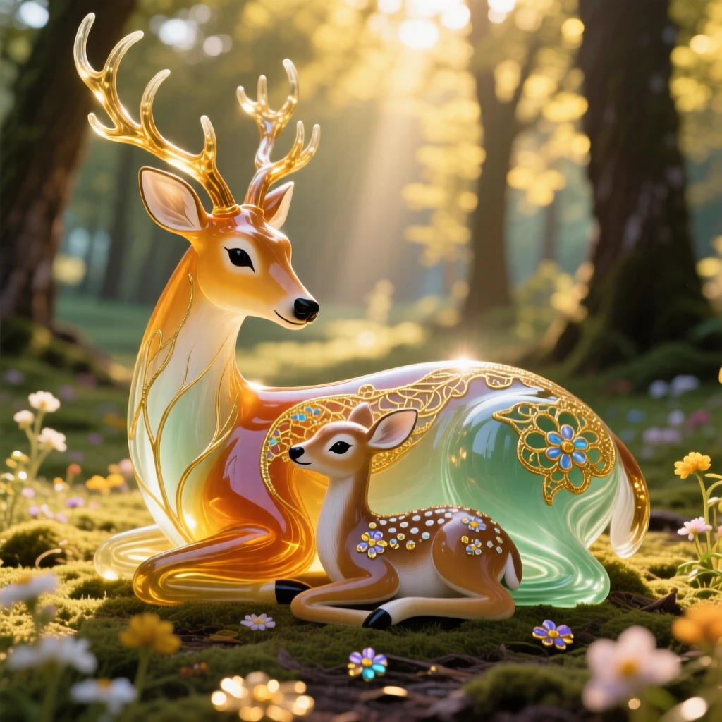 A mother deer and fawn resting together in a sunlit forest clearing, tender and peaceful.