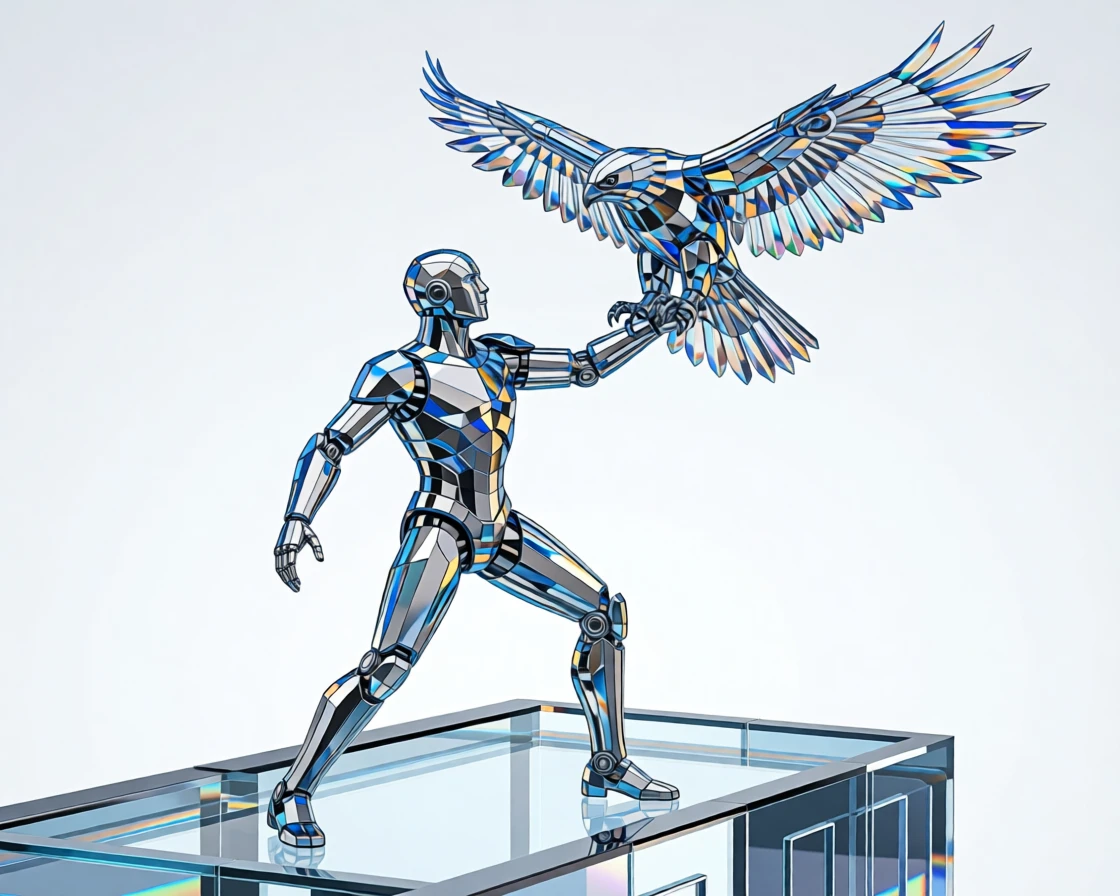 A robotic falconer releasing a mechanical hawk from a futuristic rooftop perch.