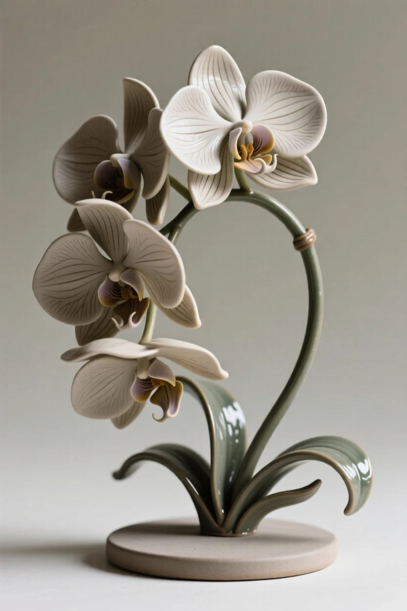 A bold orchid with striking, curved petals arranged as if freshly gathered, its stem gently arching under its own weight, evoking fragile beauty and quiet renewal.