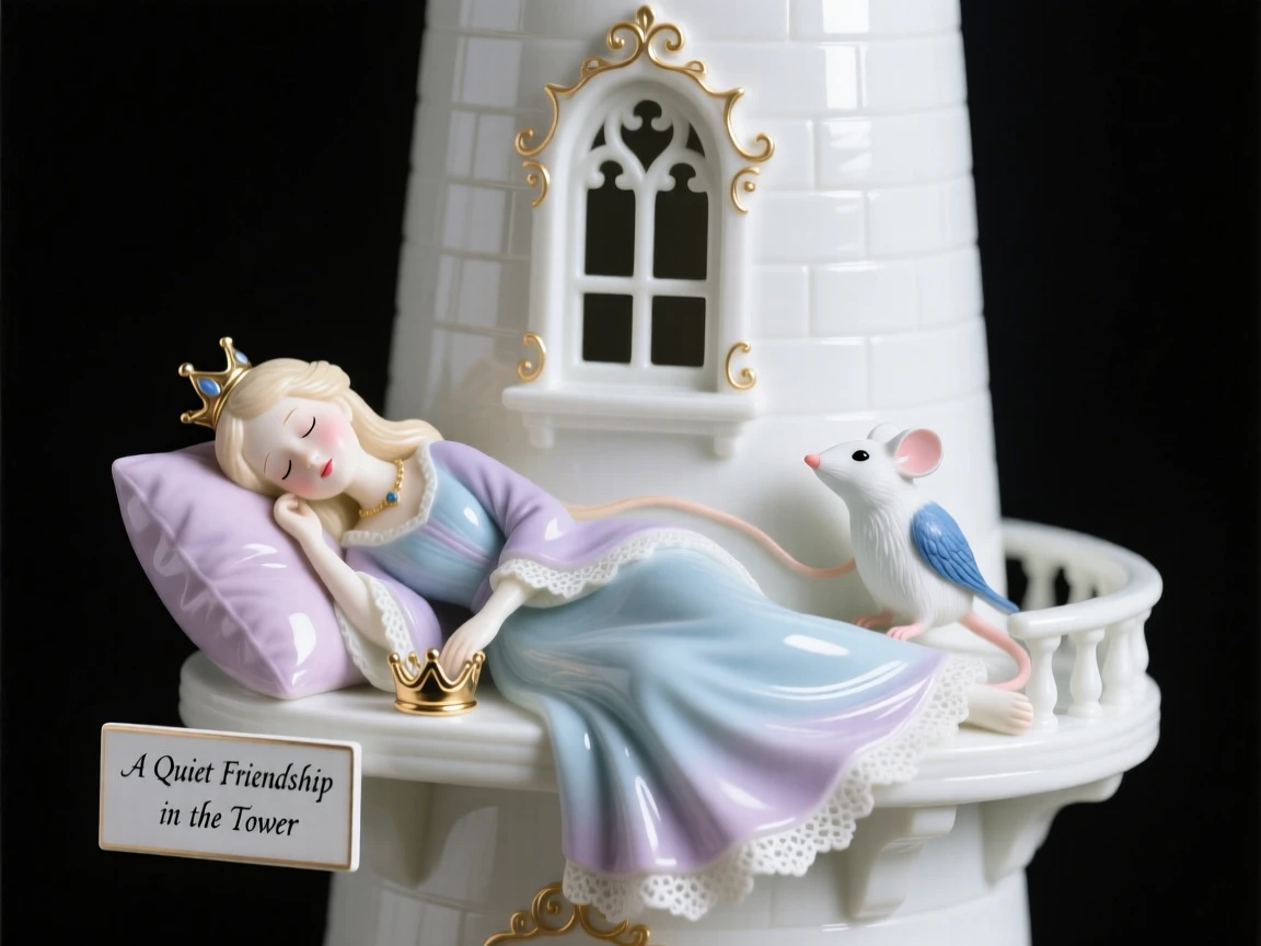A storybook depiction of a sleeping princess in a tower sharing an unlikely moment of friendship, evoking the magic of a bedtime tale.