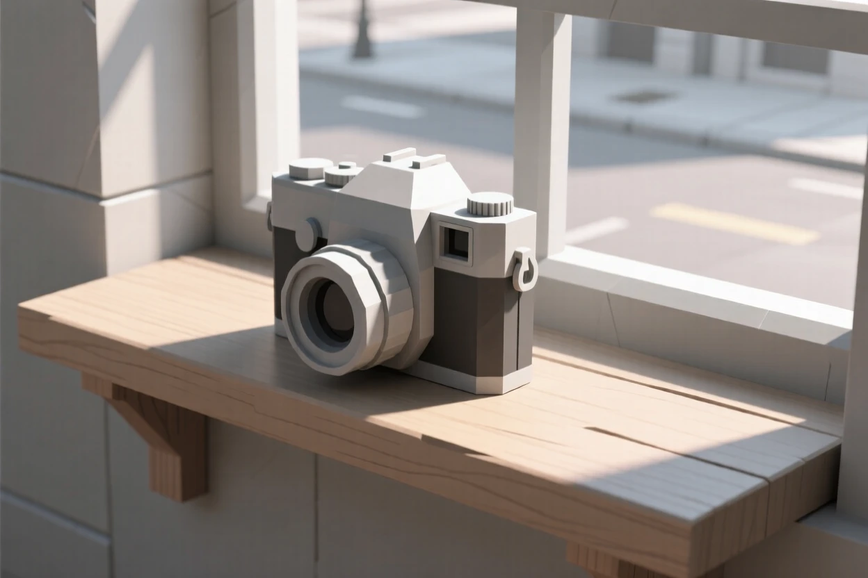 An antique camera resting on a wooden shelf, on a windowsill overlooking a quiet street. soft directional light creates gentle shadows. The atmosphere feels cozy and personal.