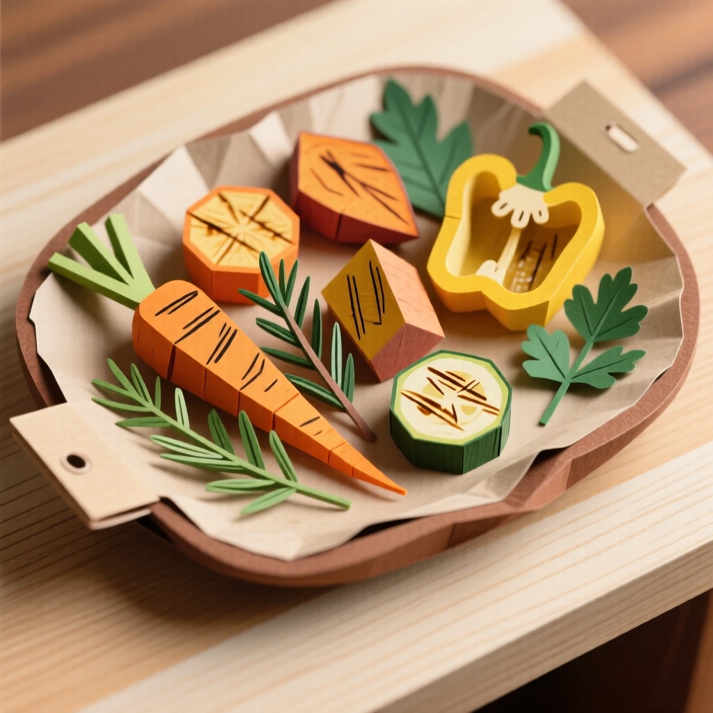 A tray of golden roasted vegetables presented on a rustic ceramic plate, with fresh herbs scattered on top, conveying fresh, wholesome appeal.