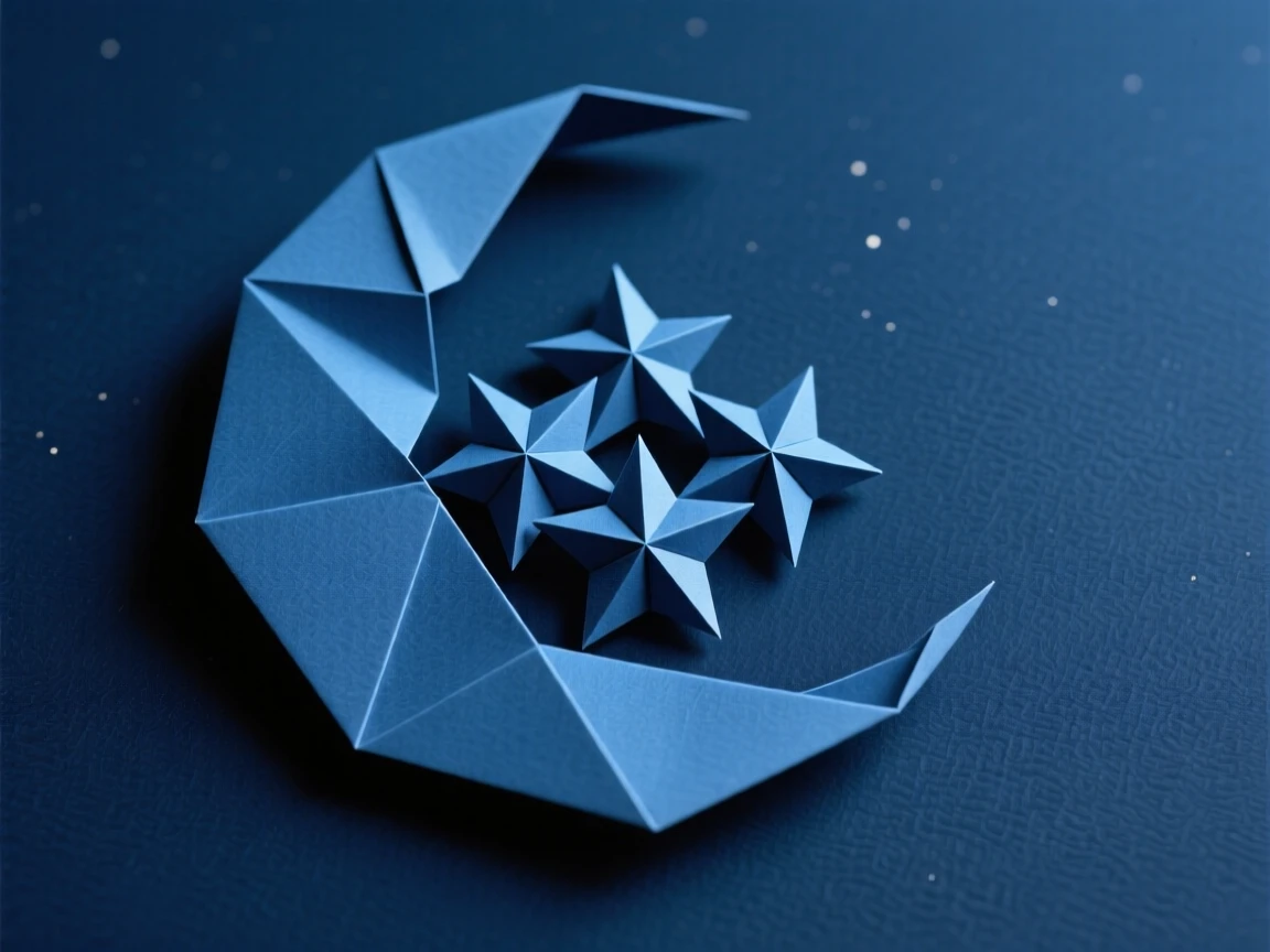 A decorative crescent moon cradling a cluster of stars in a night sky motif.