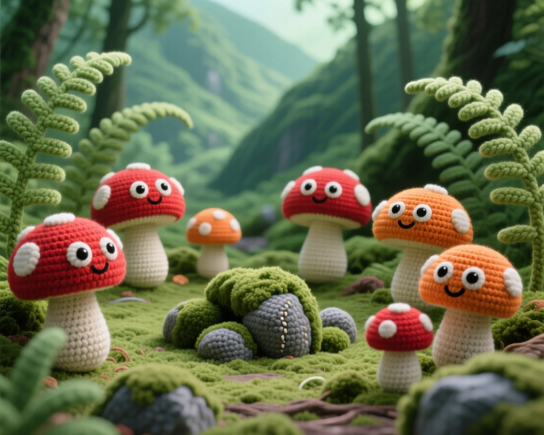 a quiet forest clearing with a ring of toadstools, dappled in soft green light, surrounded by tall ferns nestled within a quiet, secluded valley; a cluster of soft mossy rocks completes the scene, full of calm, restorative stillness.