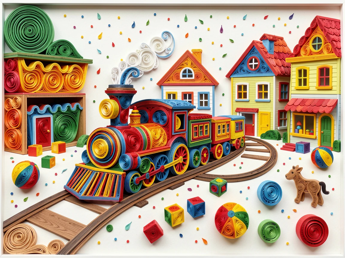 A whimsical children's scene of a train chugging along tracks through a toy town in a colorful playroom filled with toys, with confetti-like sparkles throughout the scene, composed with playful, bouncy rounded shapes throughout.