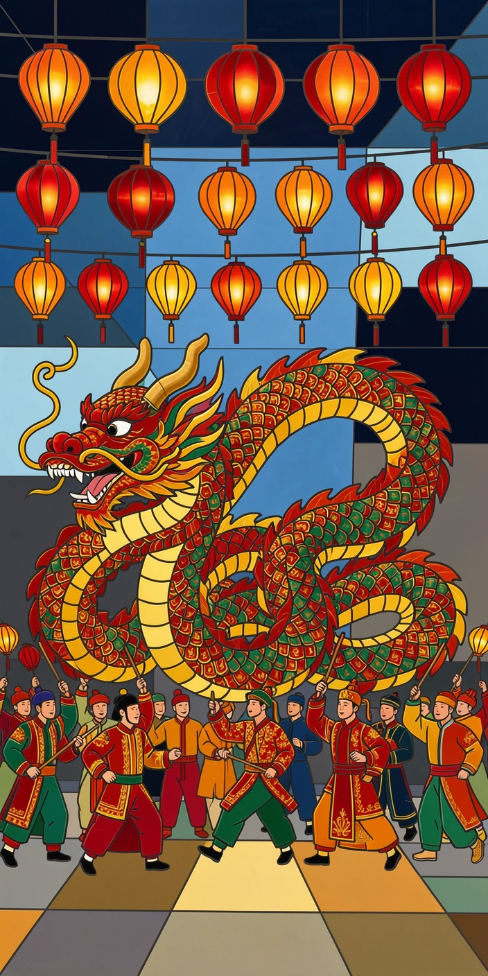 A Chinese New Year parade with a dazzling dragon dance under lanterns.