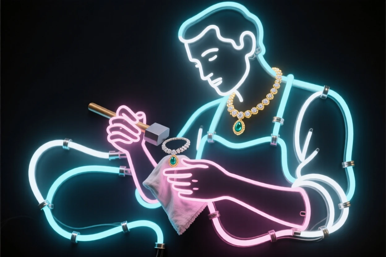 A silversmith polishing a finished piece of jewelry.