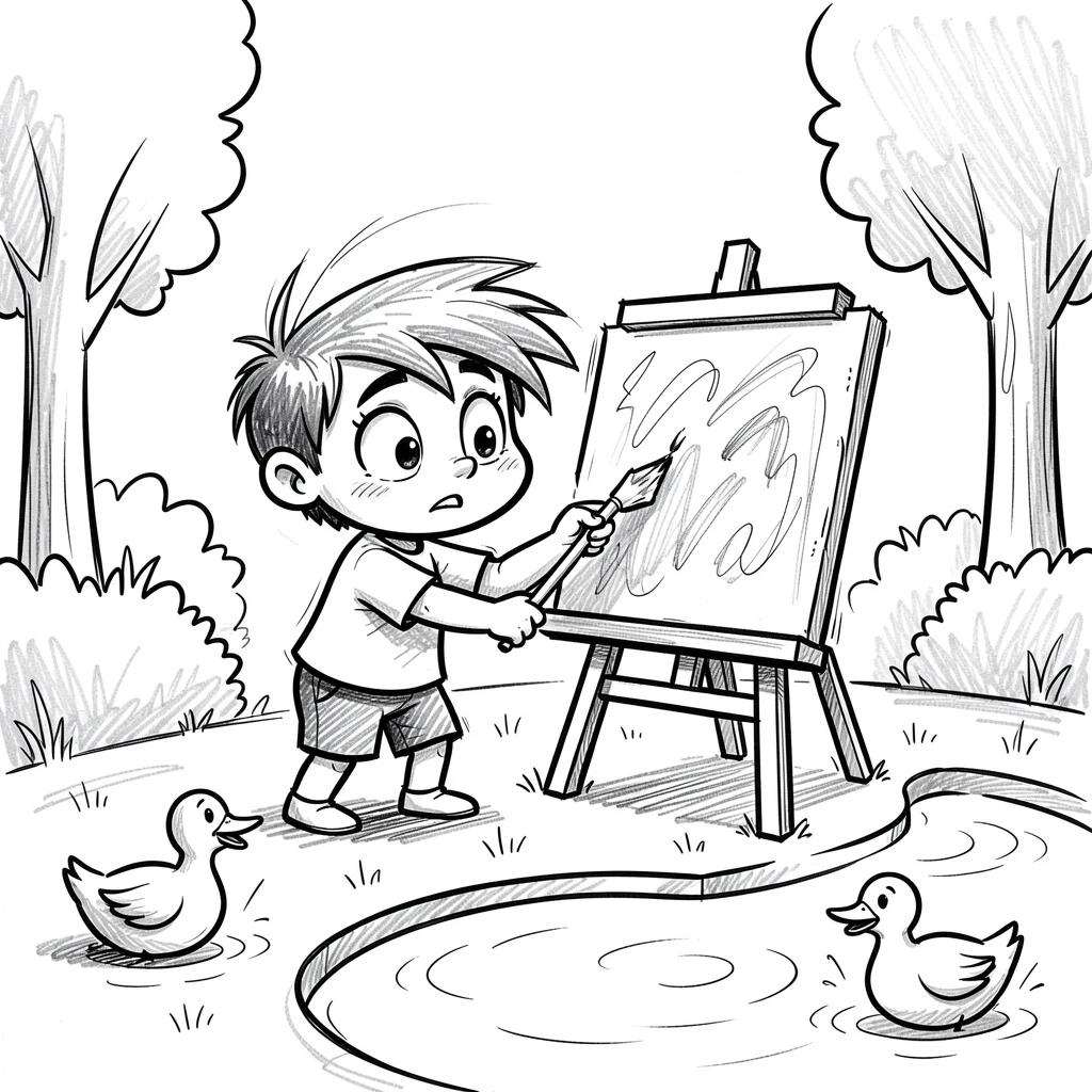 A child painting at an easel in the backyard beside a duck pond in the park.