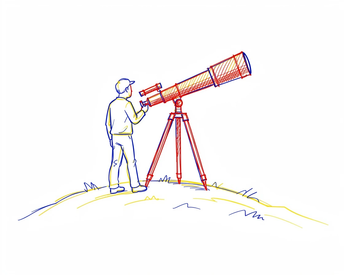 A stargazer setting up a telescope on a remote hilltop at night