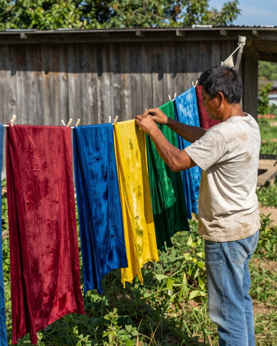 A traditional dyer hanging vibrant fabric to dry in the sun