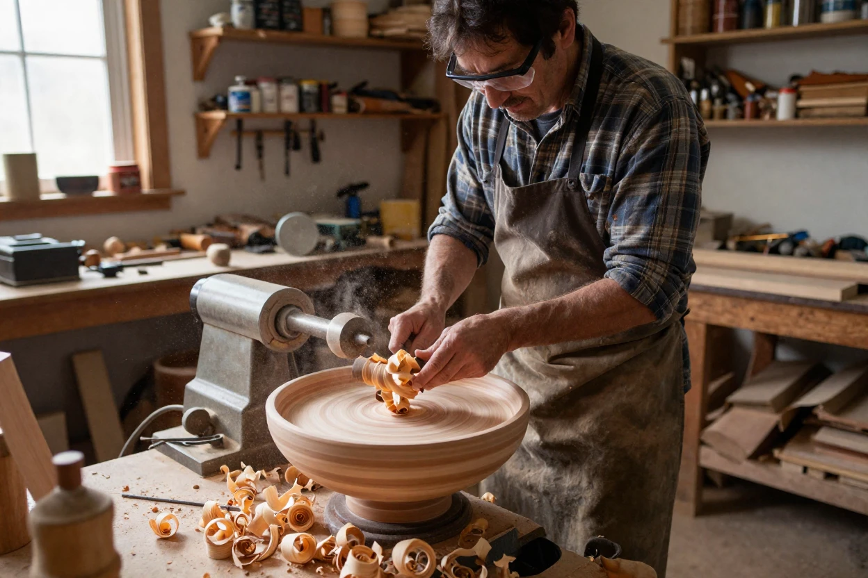 A woodturner shapes a bowl on a lathe, curls of wood spiraling to the floor.