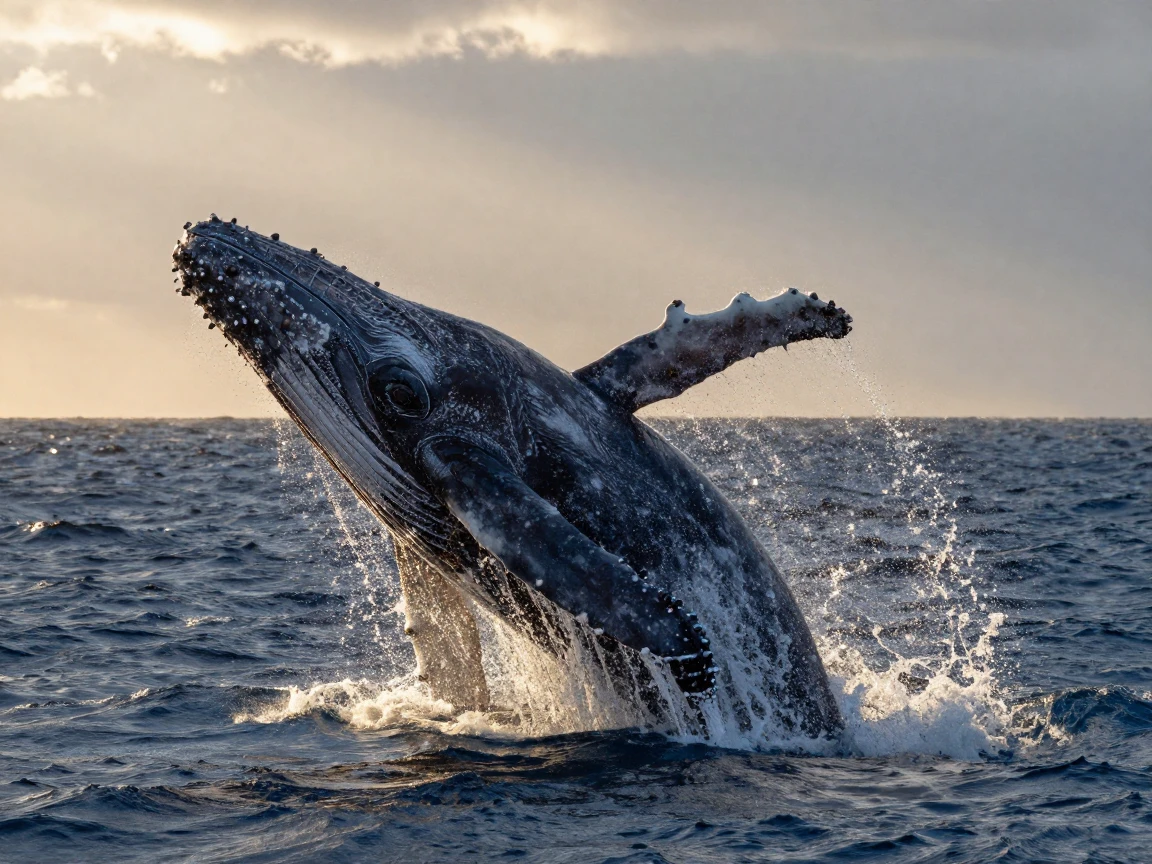 A humpback whale breaching dramatically out of the deep blue ocean
