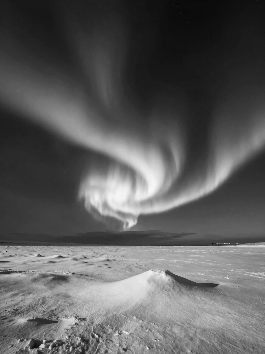 The aurora borealis ripples in brilliant green waves overhead over a snow-covered arctic horizon.