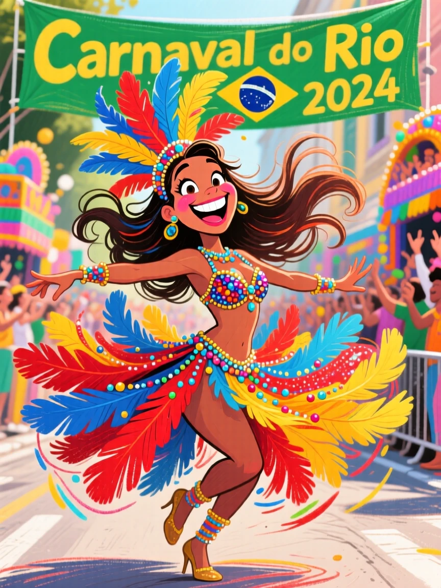 A Brazilian samba dancer in a dazzling feathered costume mid-spin at a street parade.