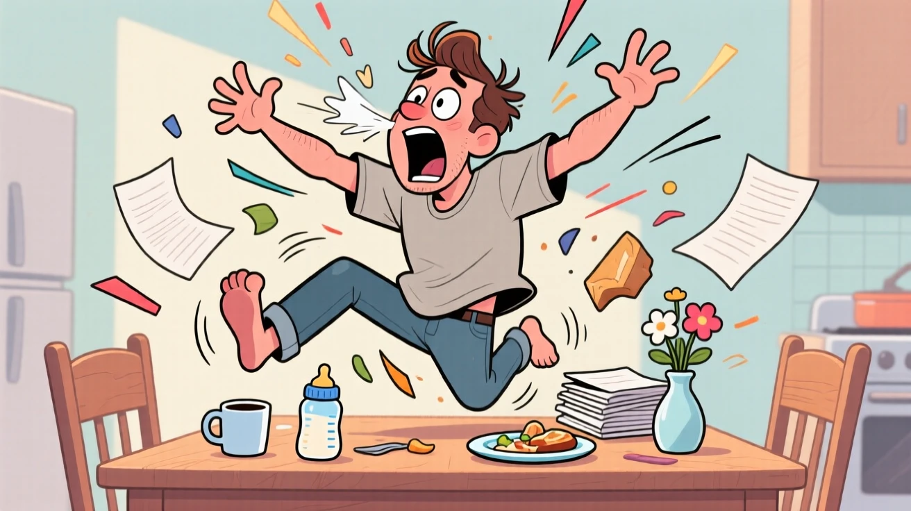 A funny expressive moment showing a new dad sneezing so hard everything on the table jumps, with arms flailing for balance.