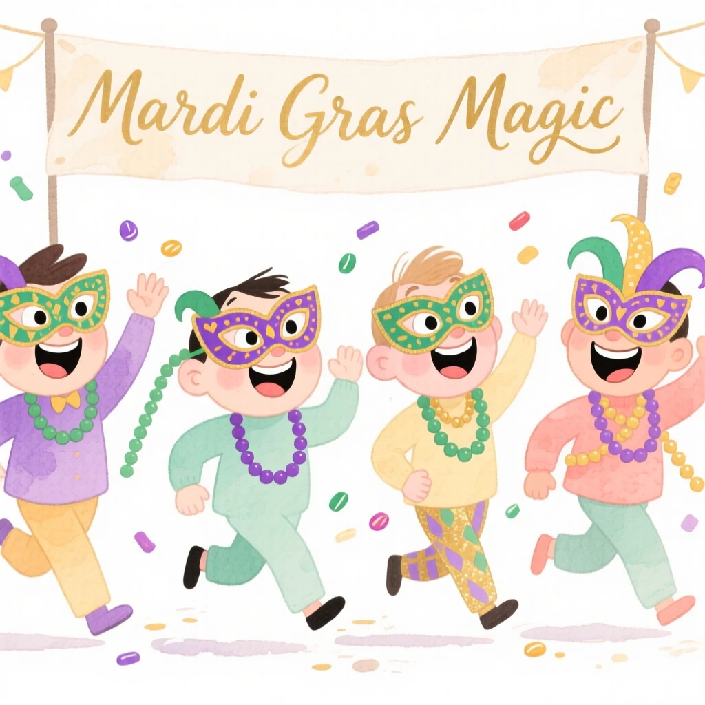 A joyful celebration scene of a Mardi Gras parade with colorful beads and masks, radiating cozy holiday cheer