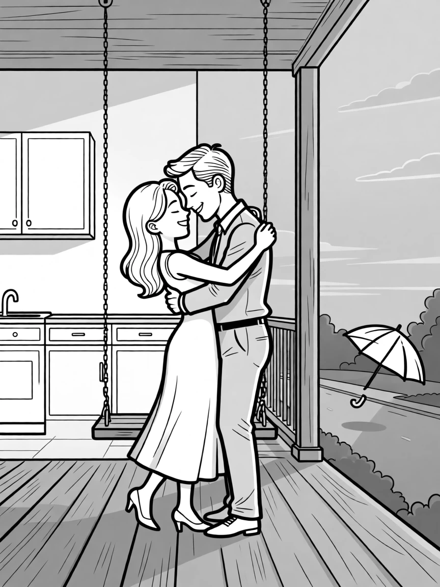 Two people slow dancing in a nearly empty kitchen, resting heads together as the sky turns pink and orange, set on a creaky porch swing at dusk. A dropped umbrella tumbles away down the street. It radiates warmth, laughter, and quiet devotion.