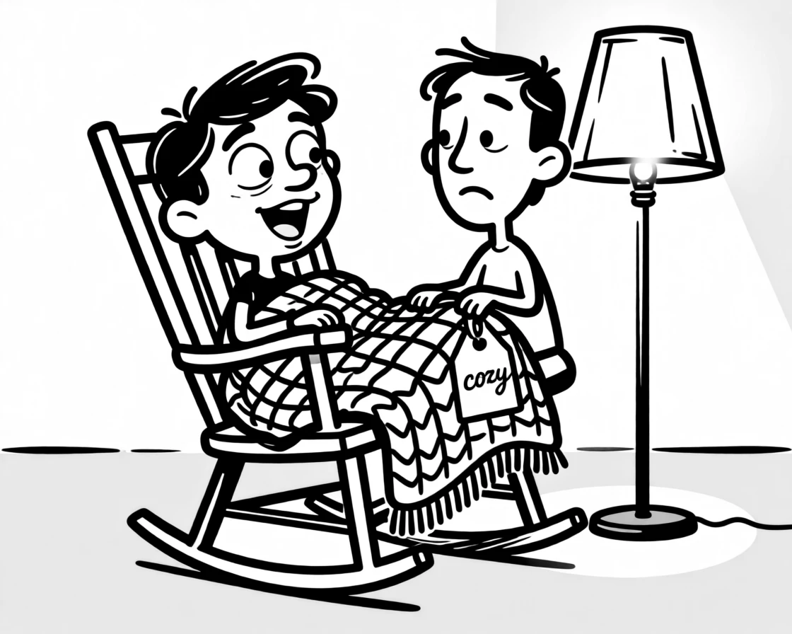 A knitted blanket draped over a rocking chair beside a softly glowing lamp.