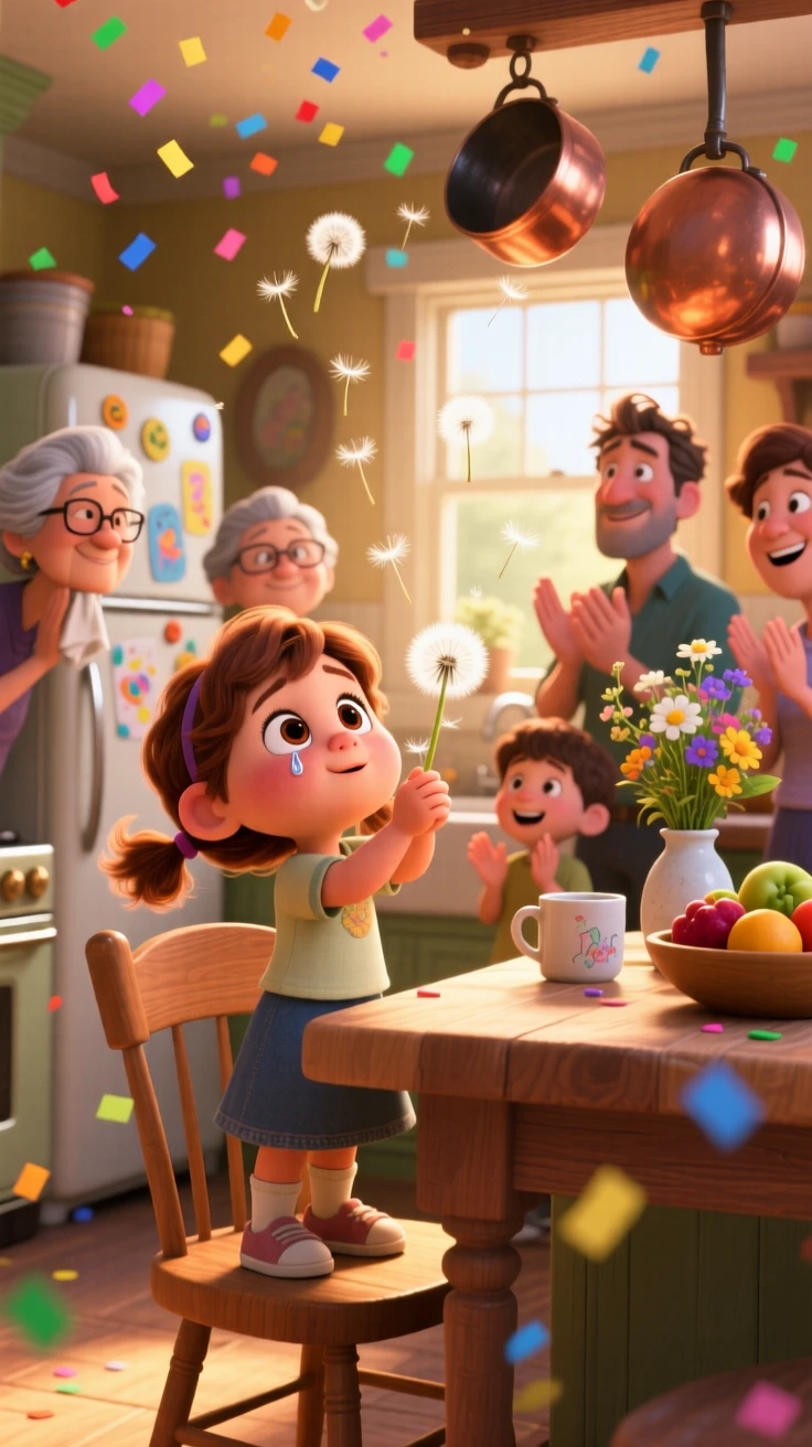 A little girl blowing dandelion seeds into the wind unfolds inside a warmly lit family kitchen, with confetti drifting through the air. A wave of relief and celebration washes over everyone present.
