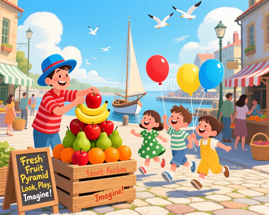 In a bustling harbor town, a street musician is busy arranging fruit into a colorful pyramid, while children skip past with balloons.