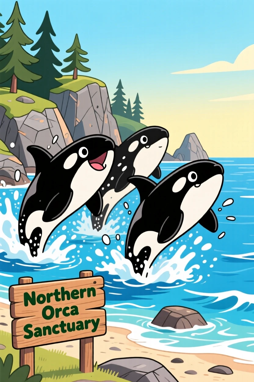 A pod of orcas breaching near a rocky northern coastline.