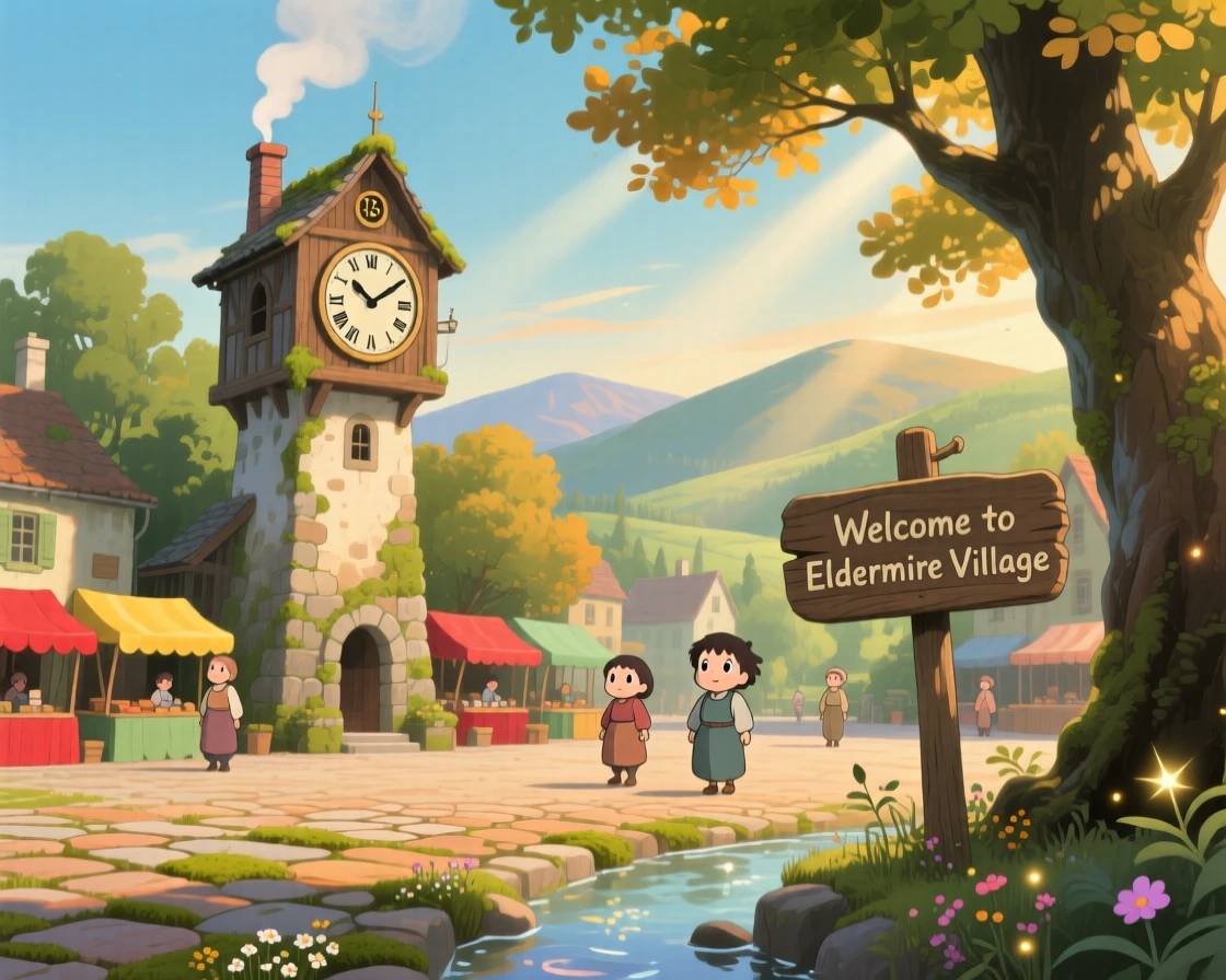 A charming view of a clocktower rising above a quiet village square, with smoke curling gently from its chimney.