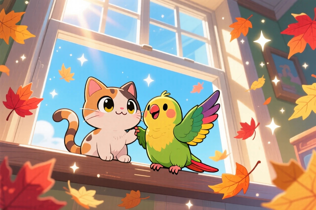 Worm's-eye view: a cat and a parakeet, becoming unlikely best friends on a windowsill, set against a bright sunny room with autumn leaves swirling around, with sparkling starlight and a mood of triumphant pride.