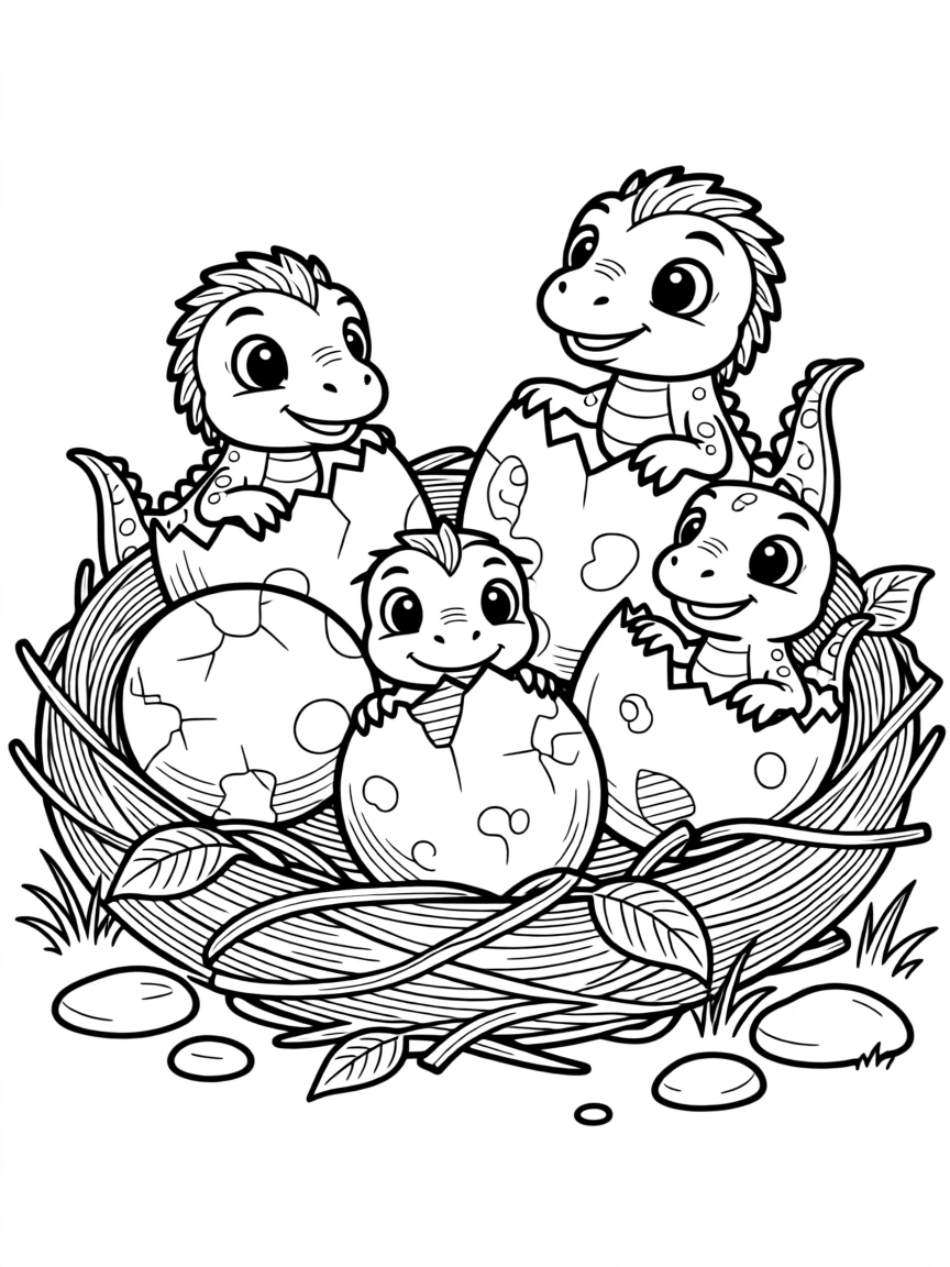 A dinosaur nest with cracked eggs and curious baby dinosaurs peeking out