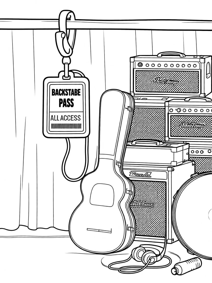 A backstage pass hanging beside a pile of instrument cases, with amplifiers stacked in the background.