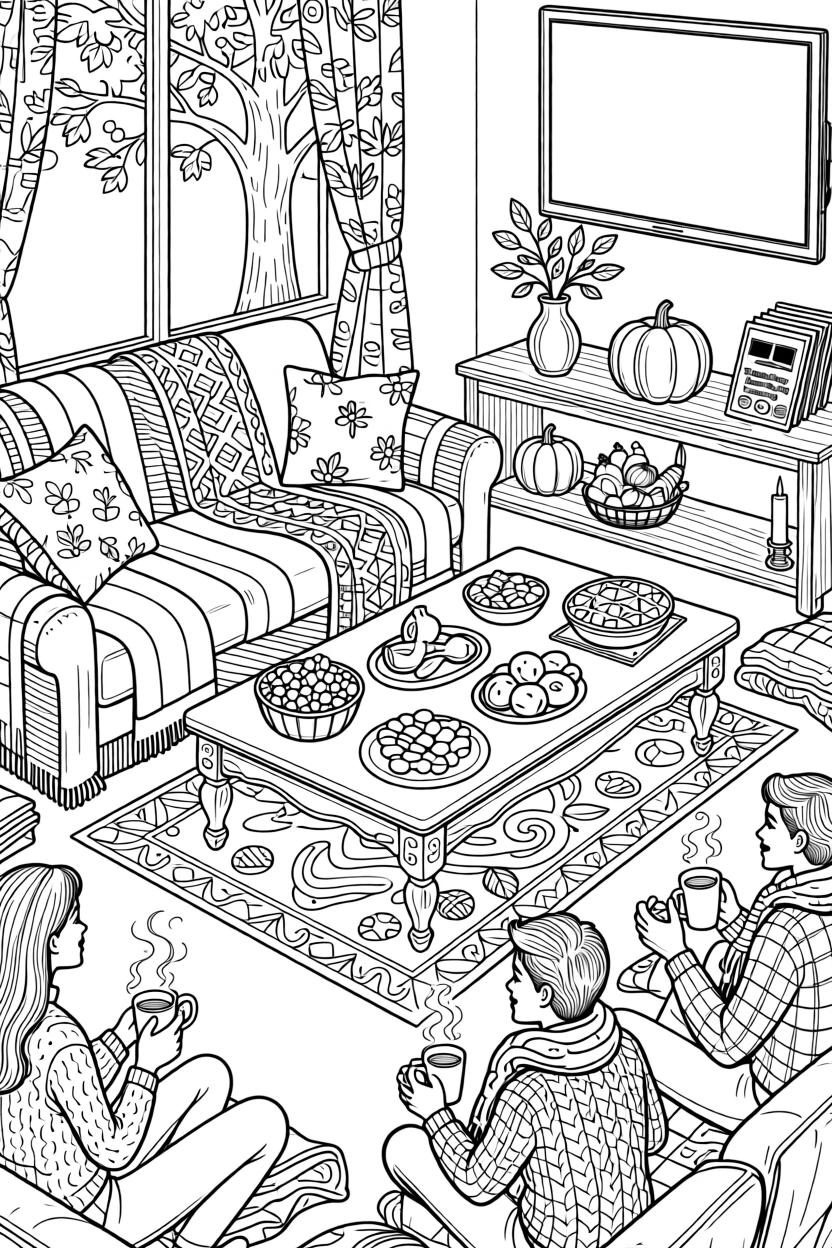 A Thanksgiving football viewing party scene with snacks and blankets.