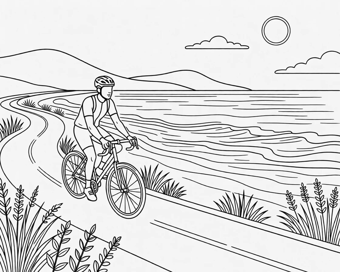 A cyclist riding along a scenic coastal bike path