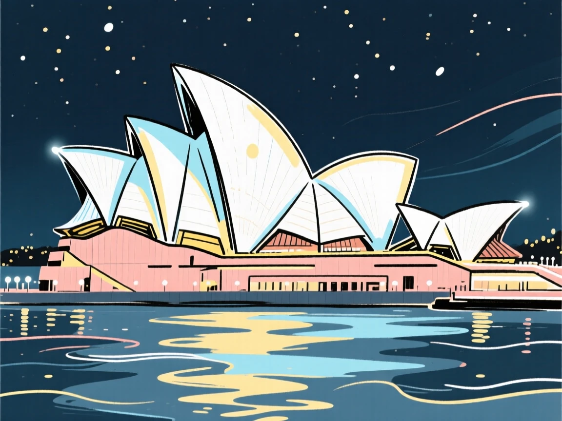 The Sydney Opera House glowing beside a sparkling harbor at night.