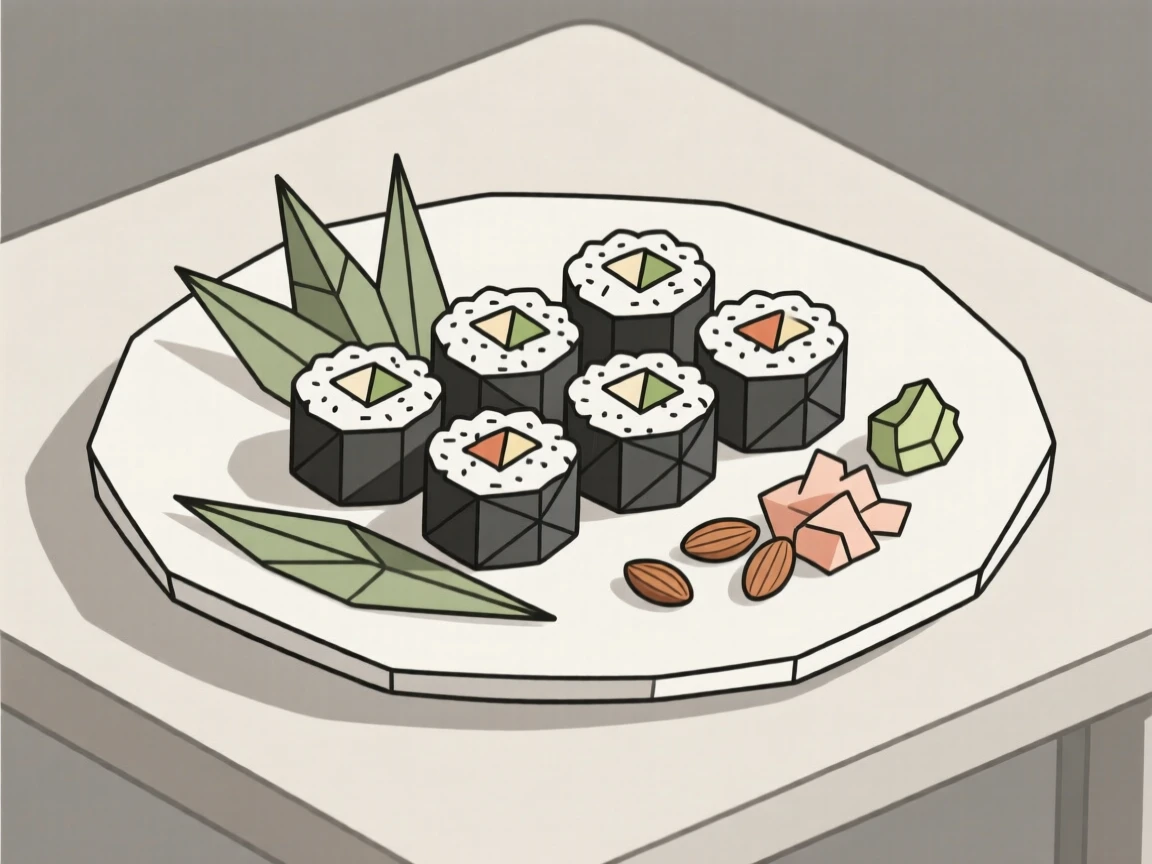A plate of sushi rolls arranged with garnish