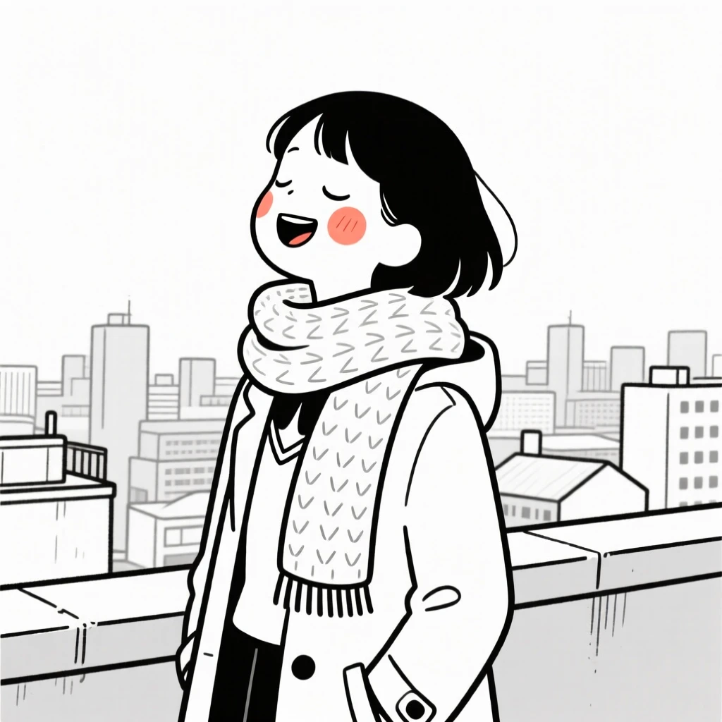 A high school student of French heritage in a chunky knit scarf and coat, laughing with eyes closed, on a rooftop overlooking the city.