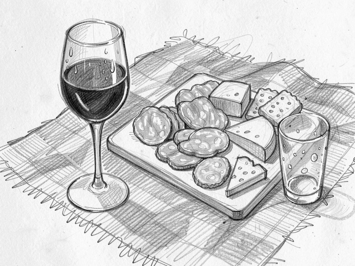 An appetizing still life of a glass of red wine beside a charcuterie board on a weathered picnic blanket, with condensation glistening on a nearby glass.