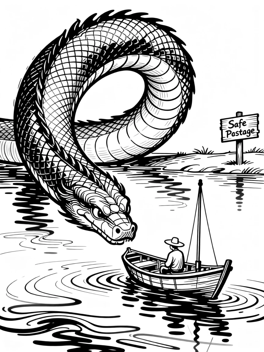 A giant sea serpent gently guiding a small fishing boat through calm waters.