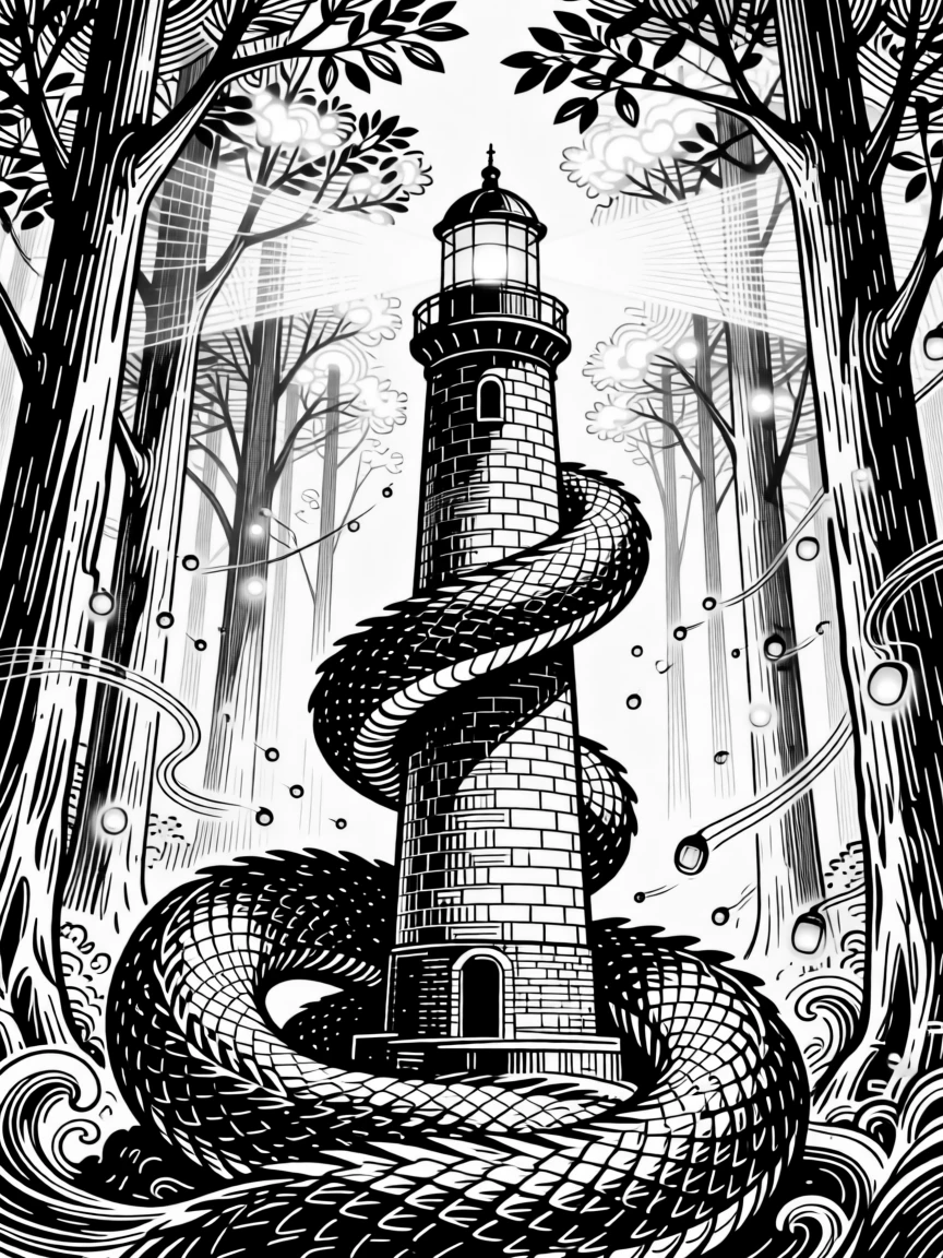 A sea serpent coiling around a lighthouse within a forest of towering luminous trees, with fireflies swirling like tiny lanterns, forming a gently otherworldly fantasy scene.