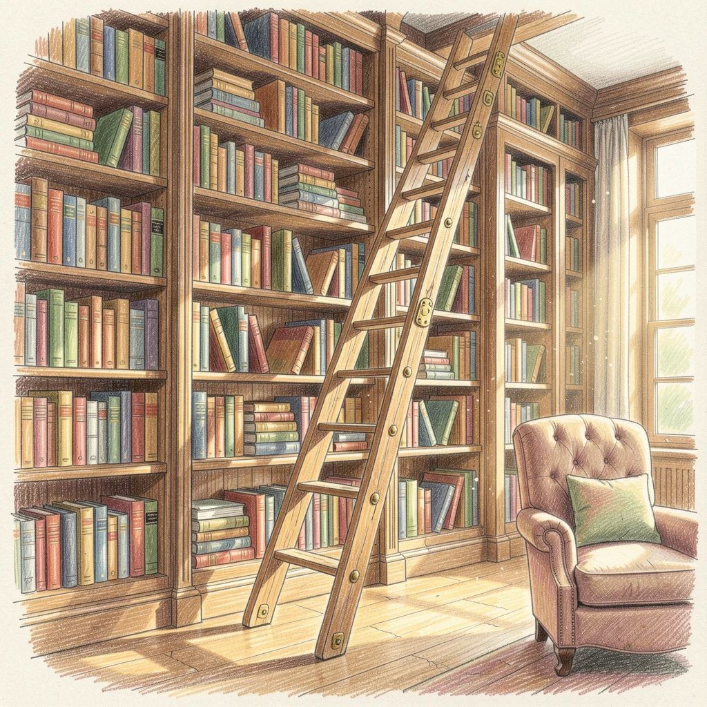 A floor-to-ceiling bookshelf ladder in a grand personal library, with soft, natural light bringing warmth to every detail, celebrating a moment people would love to revisit.